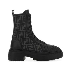 New Fendi Monogram FF Lace-Up Fabric Jacquard Vitello FF Domino 50mm Biker Boots
